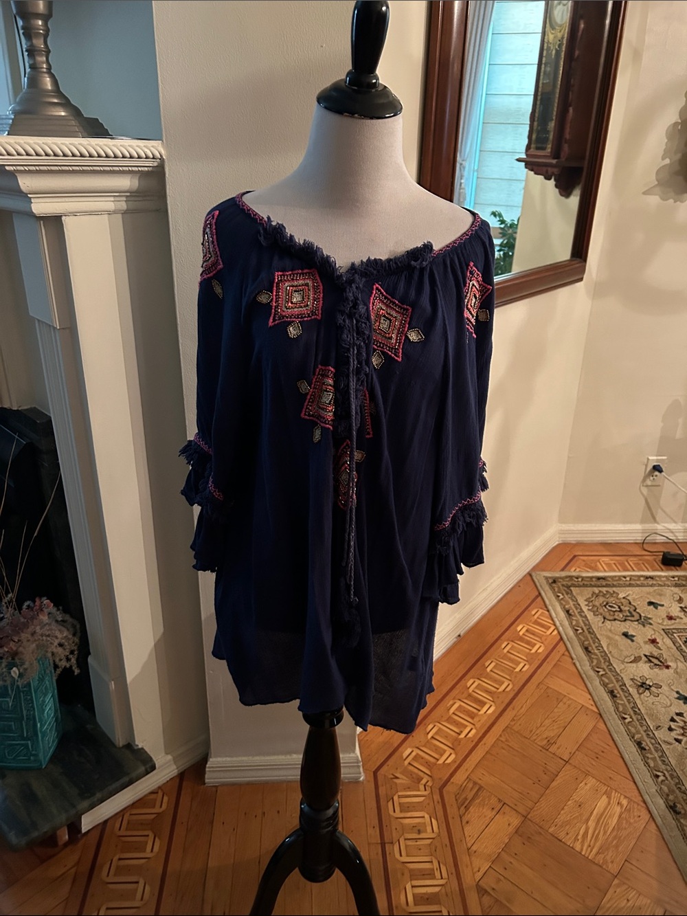 Navy Embroidered Off-Shoulder Peasant Blouse